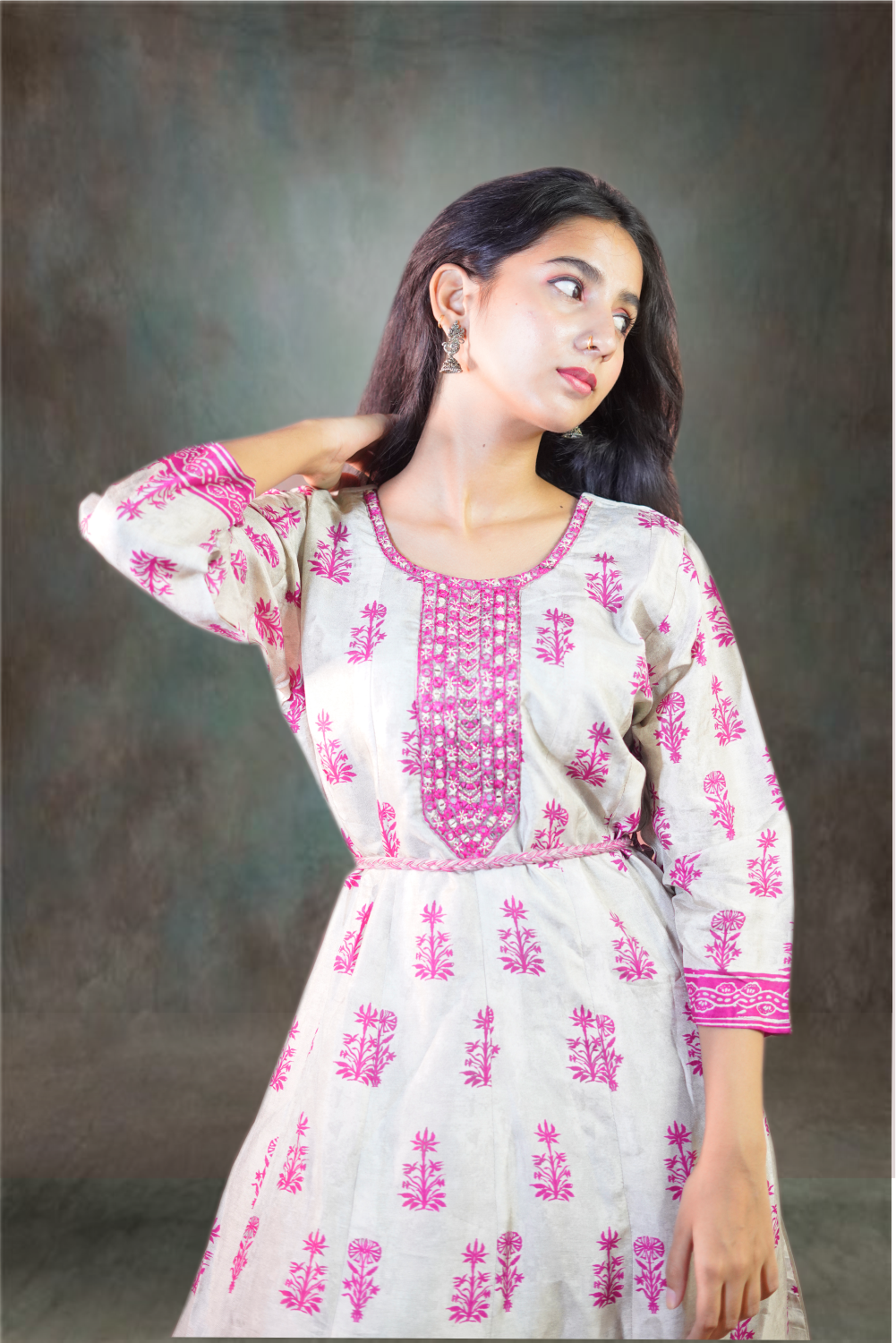 Pink Chanderi Printed with Mirror Embroidered Gown