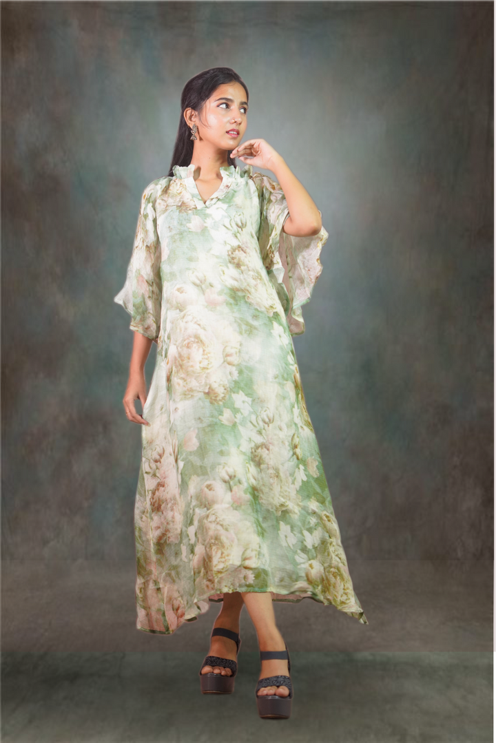 Pure Linen Printed Green Kurti