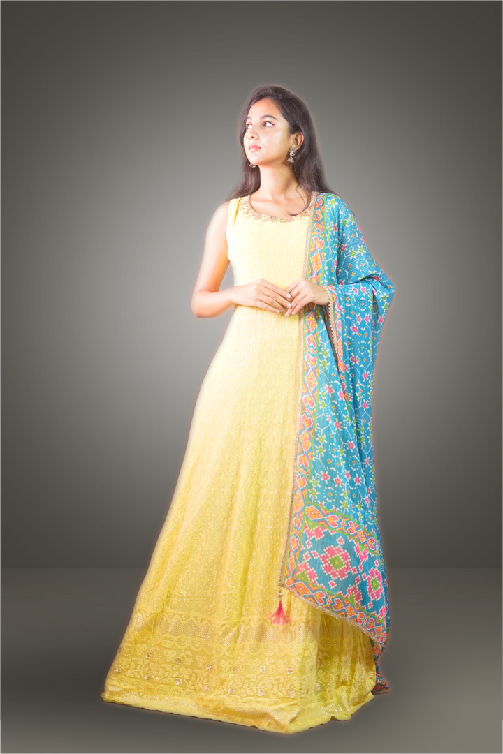 Neon Yellow Georgette Sequins Embroidered Anarkali Suit