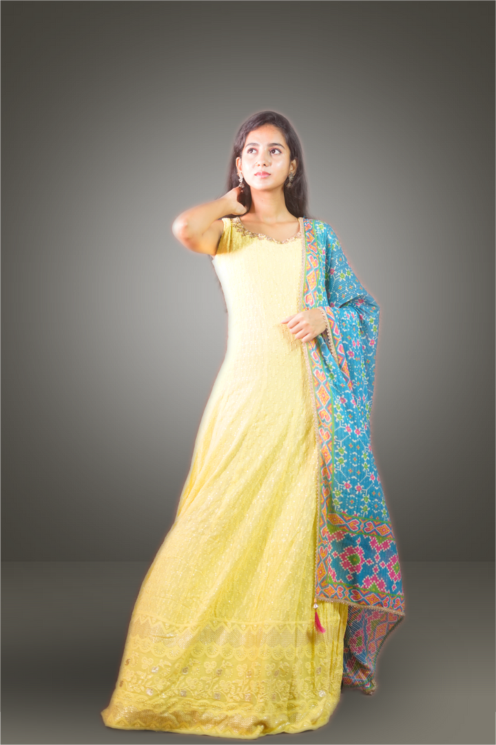 Neon Yellow Georgette Sequins Embroidered Anarkali Suit