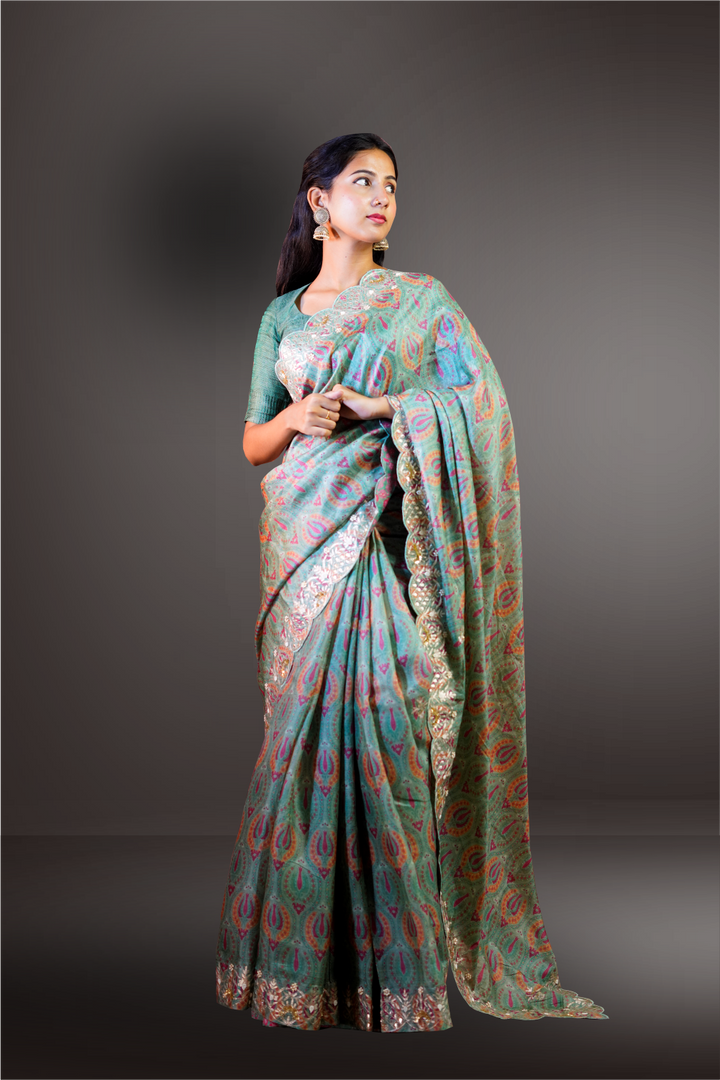 Tussar Silk Printed Saree with Gota Patti Border