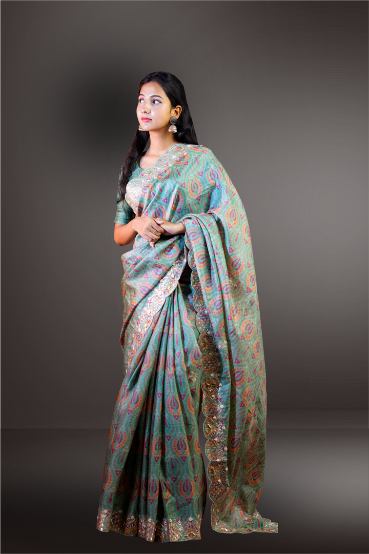 Tussar Silk Printed Saree with Gota Patti Border