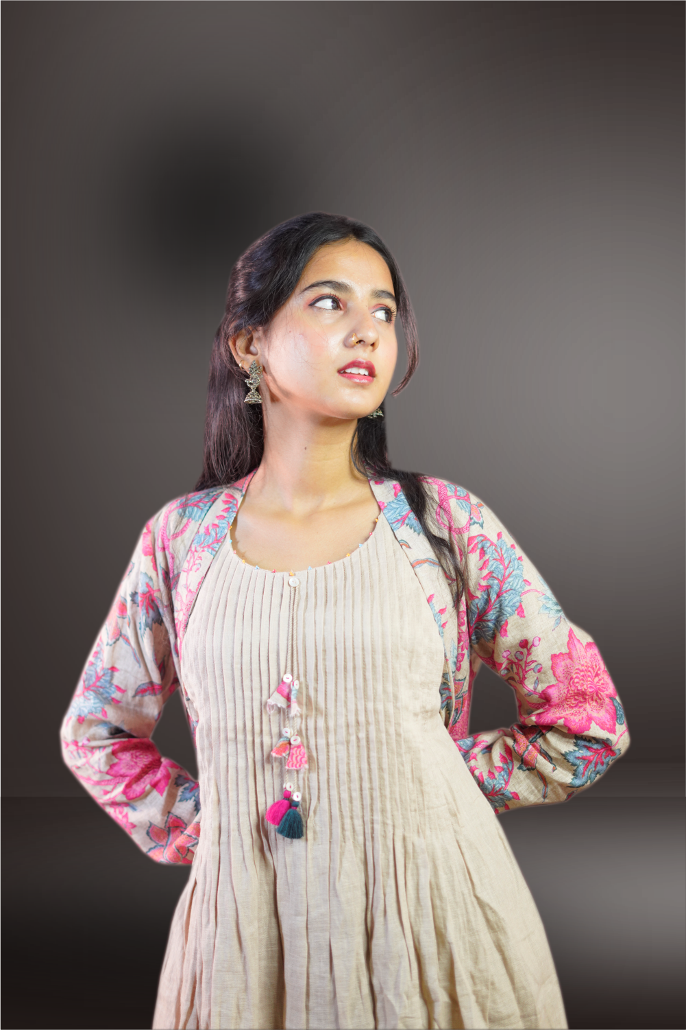 Linen Floral Printed Kurti with Detachable Jacket