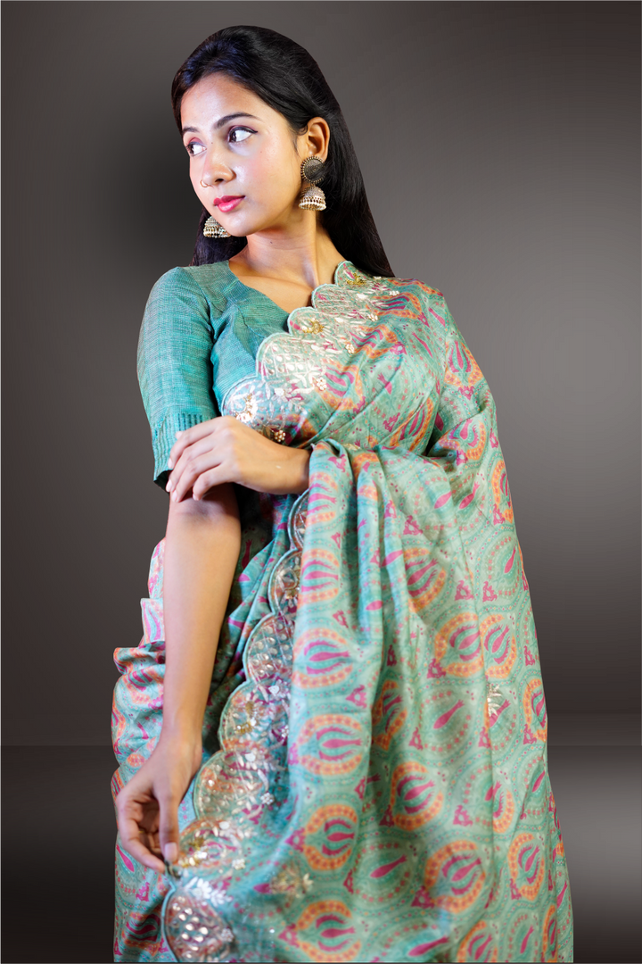 Tussar Silk Printed Saree with Gota Patti Border