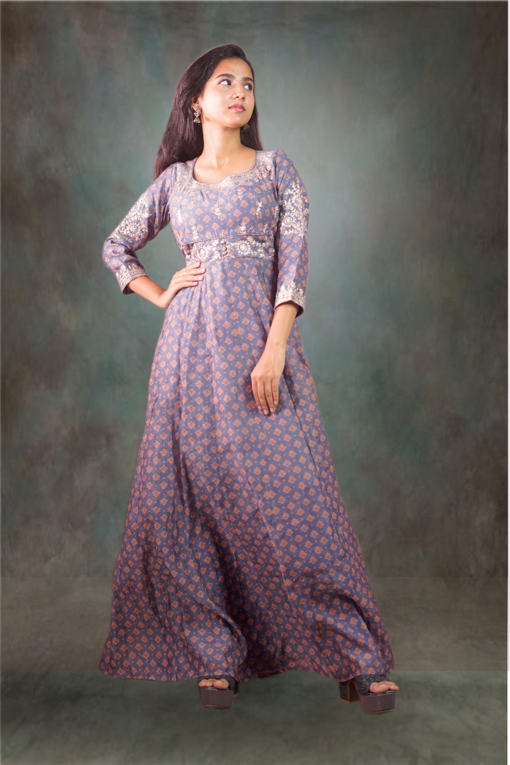 Grey Chanderi Printed with Embroidered Anarkali Suit