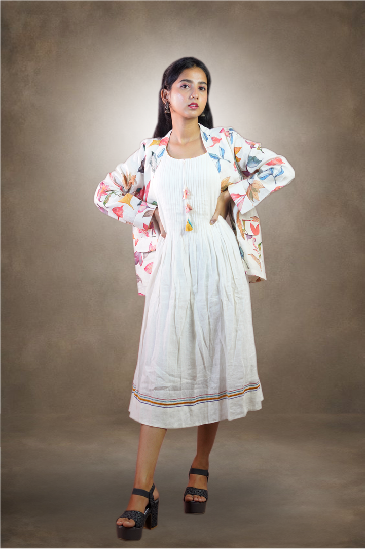 White Linen Floral Printed Kurti with Detachable Jacket