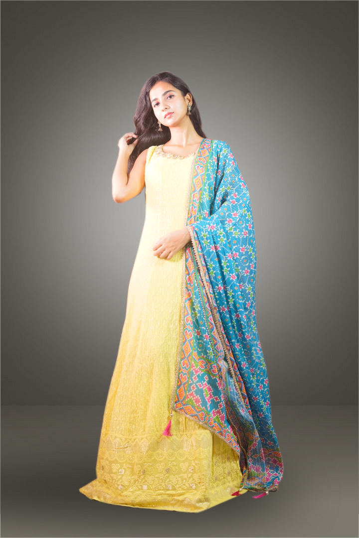 Neon Yellow Georgette Sequins Embroidered Anarkali Suit