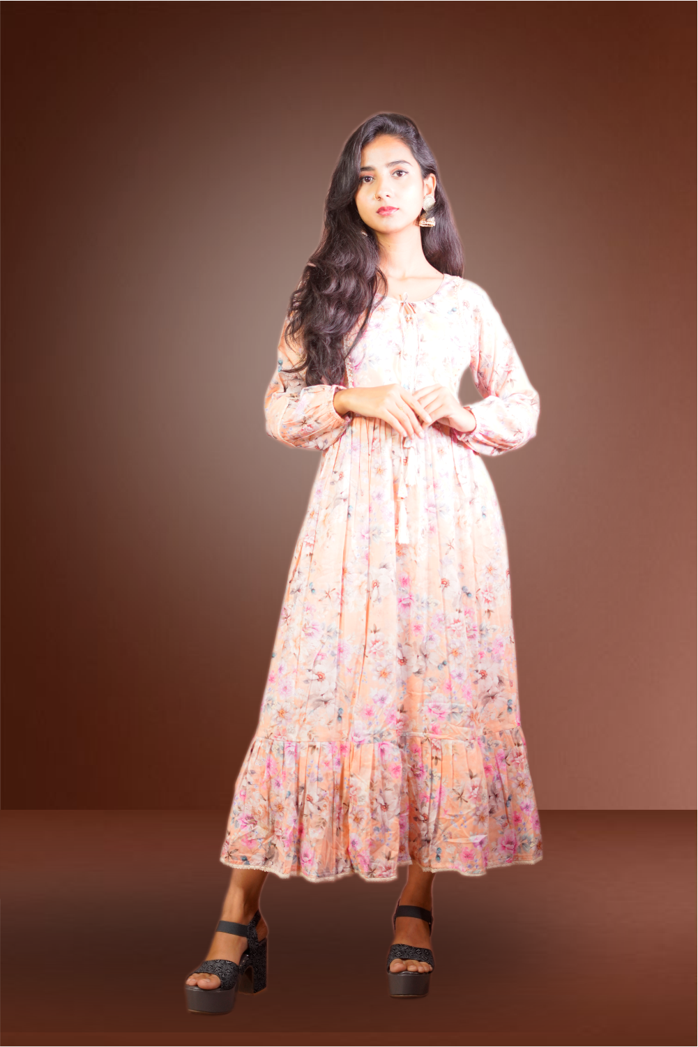 Light Orange Chanderi Floral Printed Gown