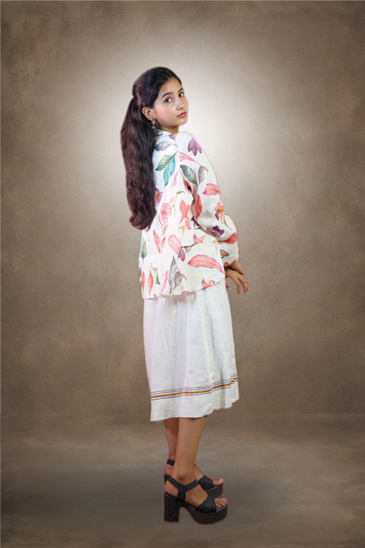 White Linen Floral Printed Kurti with Detachable Jacket