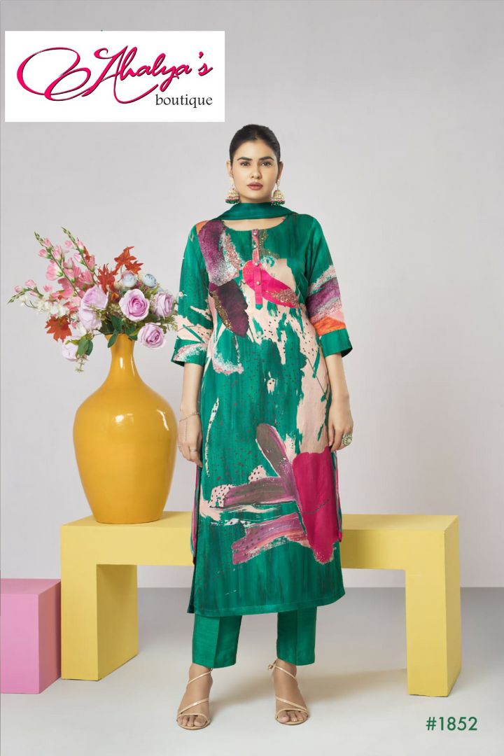 Green Color Silk Printed Hand Worked Salwar Kameez