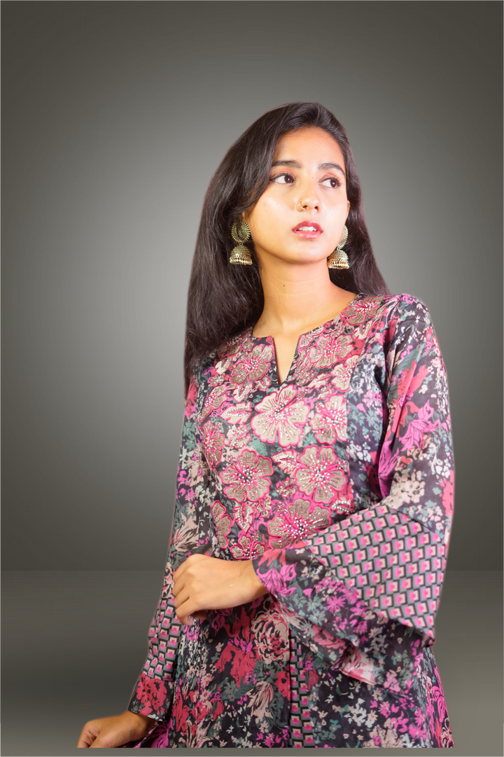 Multicolor Georgette Printed with Beads Embroidered Kurti