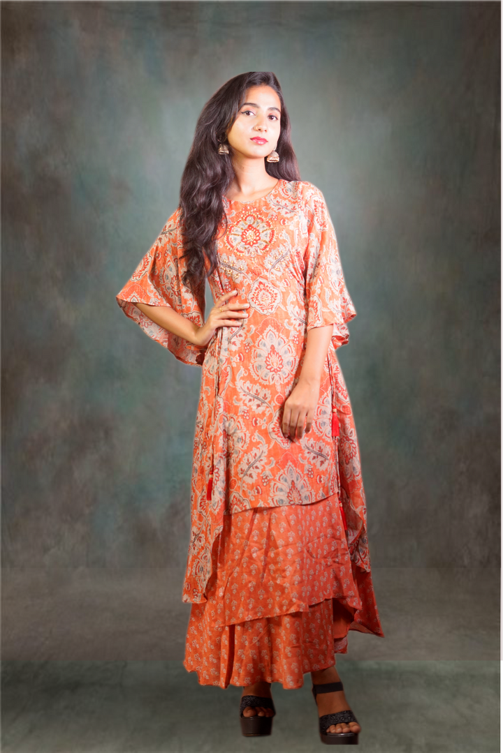 Georgette Printed with Beads Work Orange Kurti