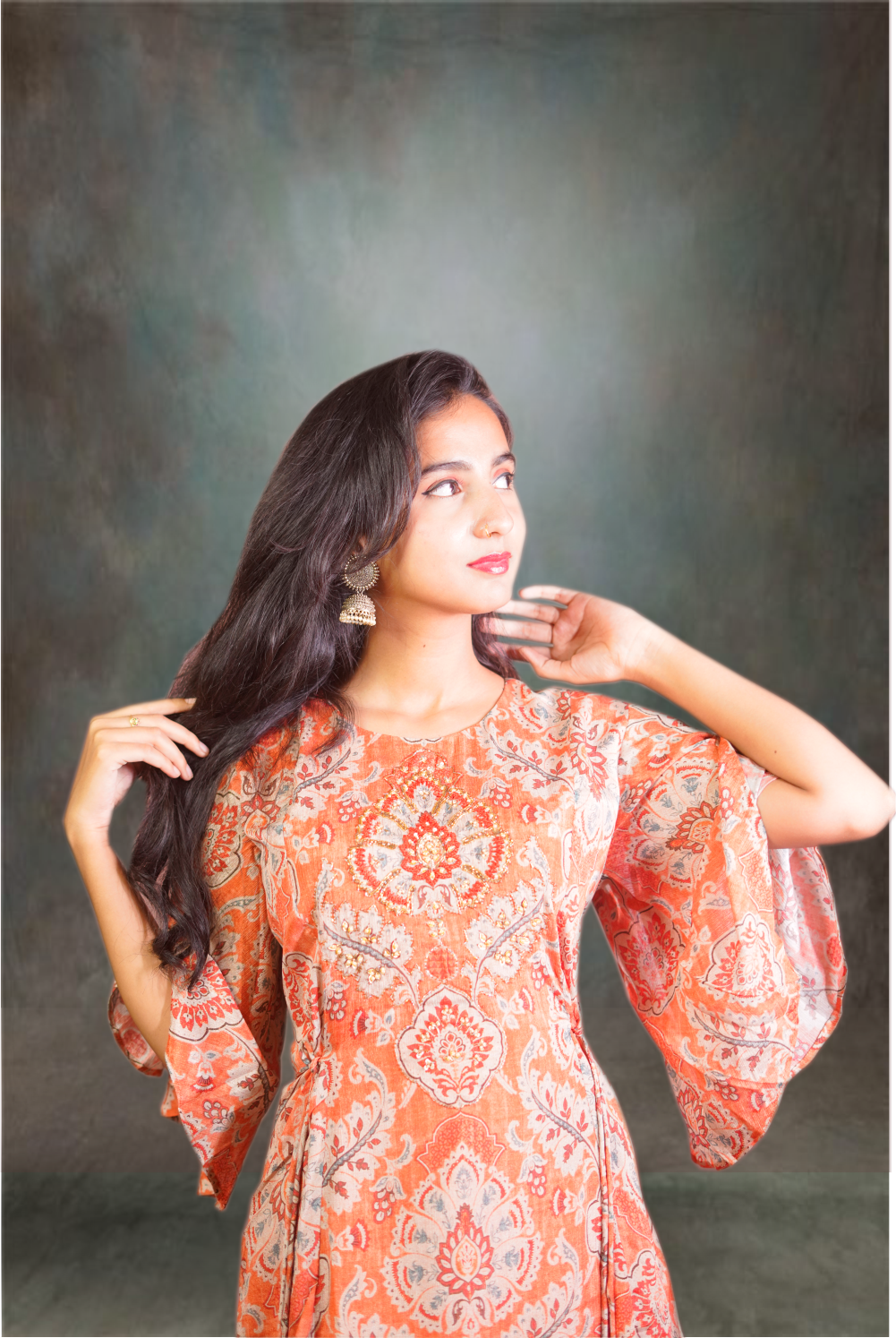 Georgette Printed with Beads Work Orange Kurti