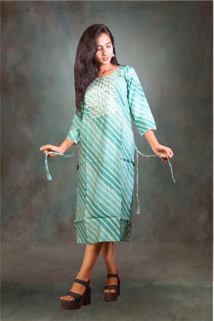 Semi Silk Embroidery Green Kurti