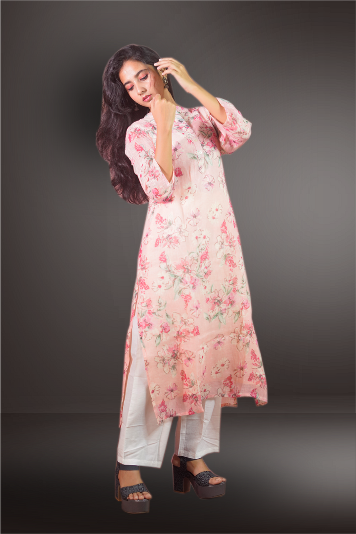 Pure Linen Printed Peach Salwar Kameez