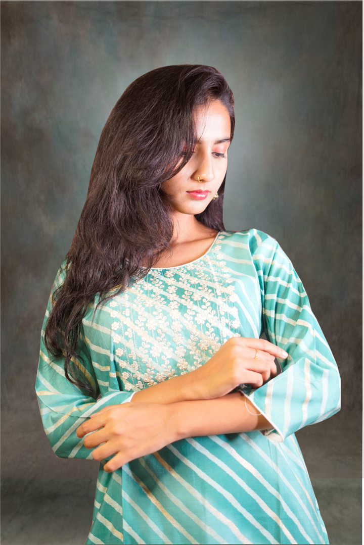 Semi Silk Embroidery Green Kurti