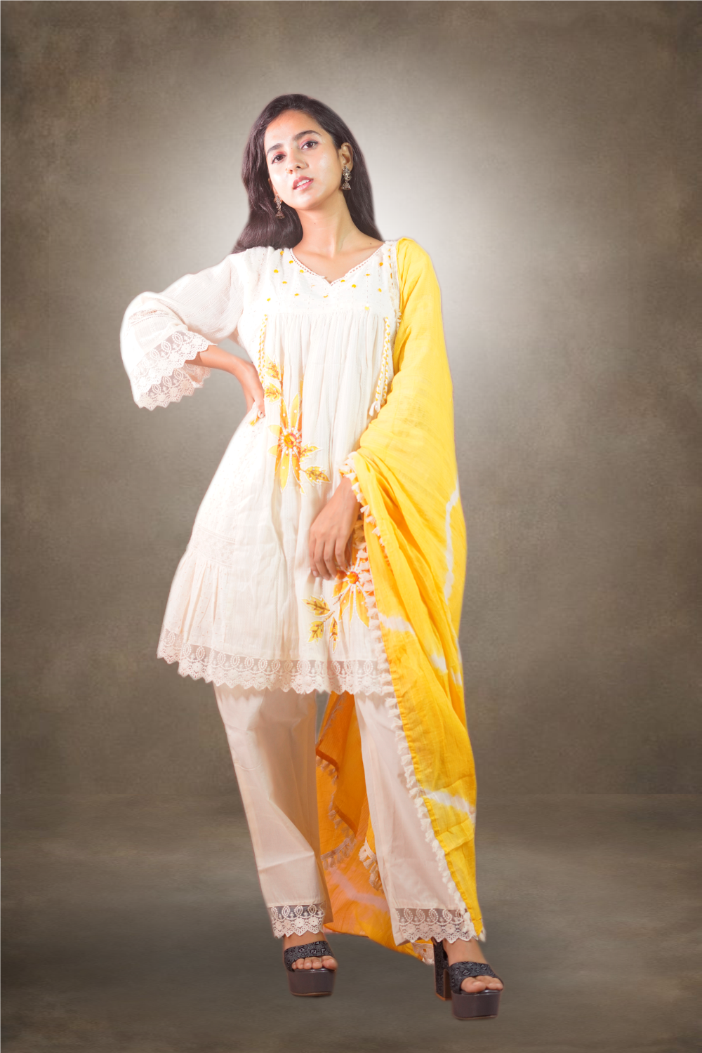 Cotton Embroidered Cut Work with Pearl and Beads Work Salwar Kameez