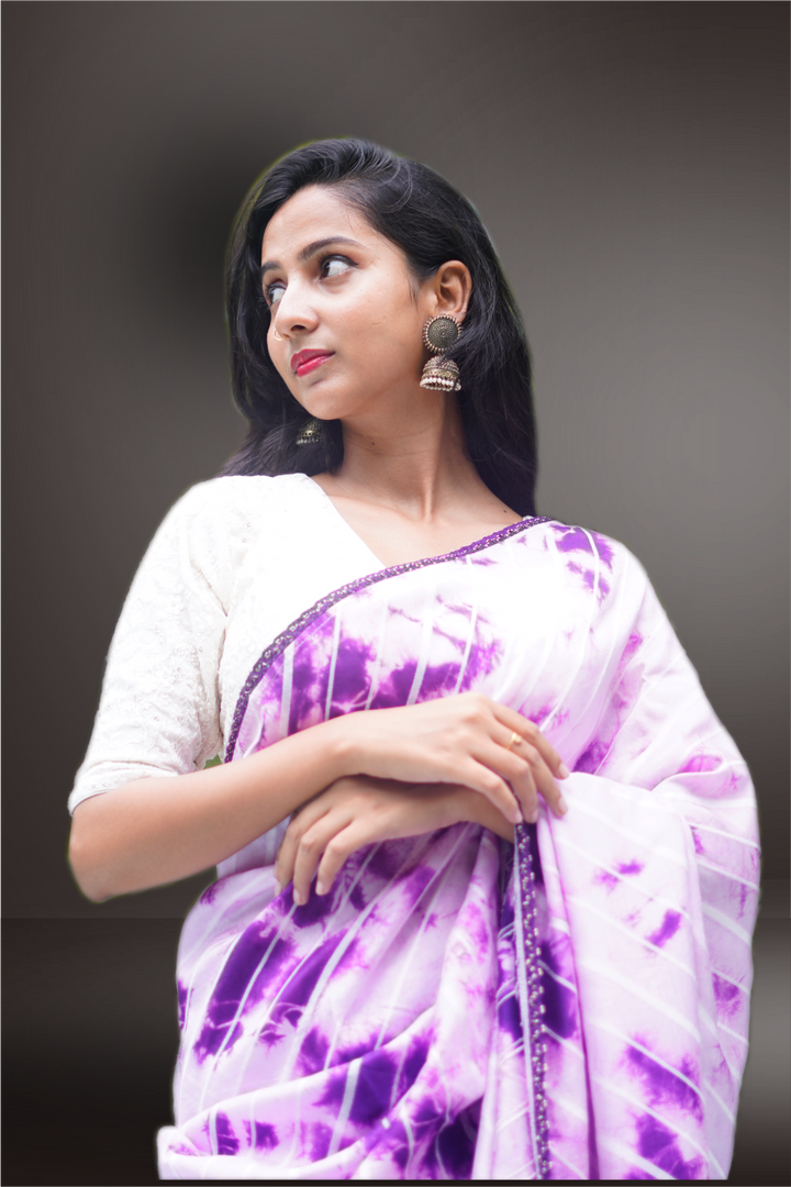 Lilac color chanderi Leheria printed  saree with stitched blouse