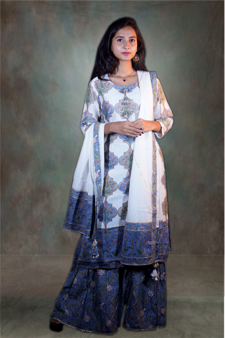 Blue Cotton Printed Sharara Set