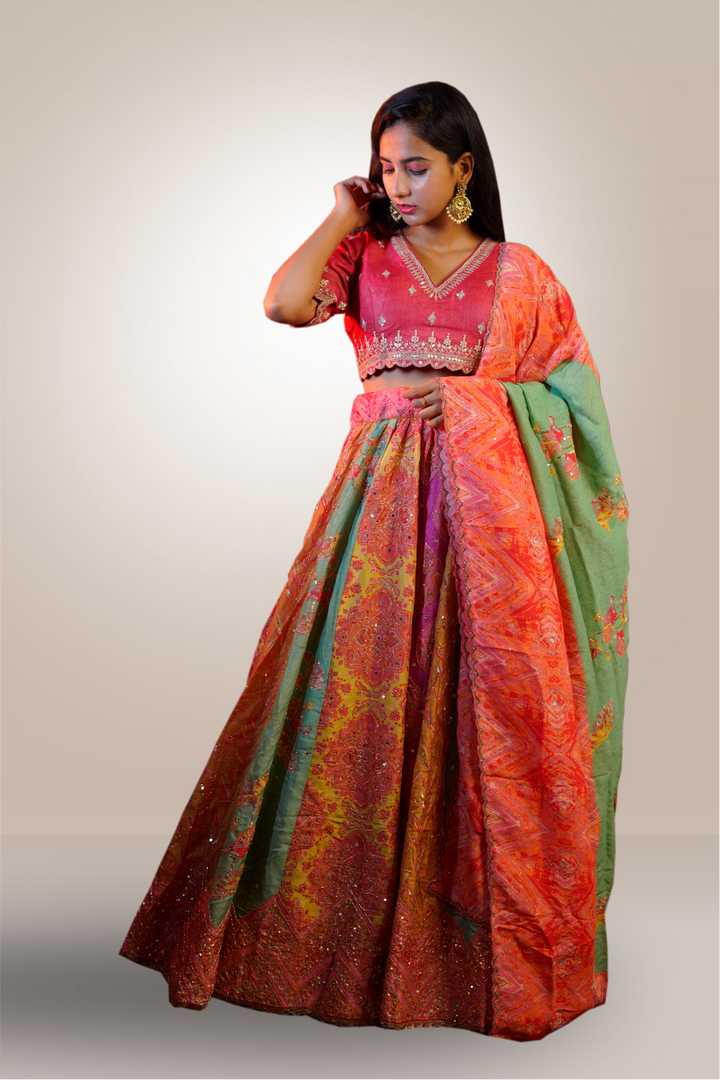 Multicolor Silk Lehenga with Mirror and Beads Work