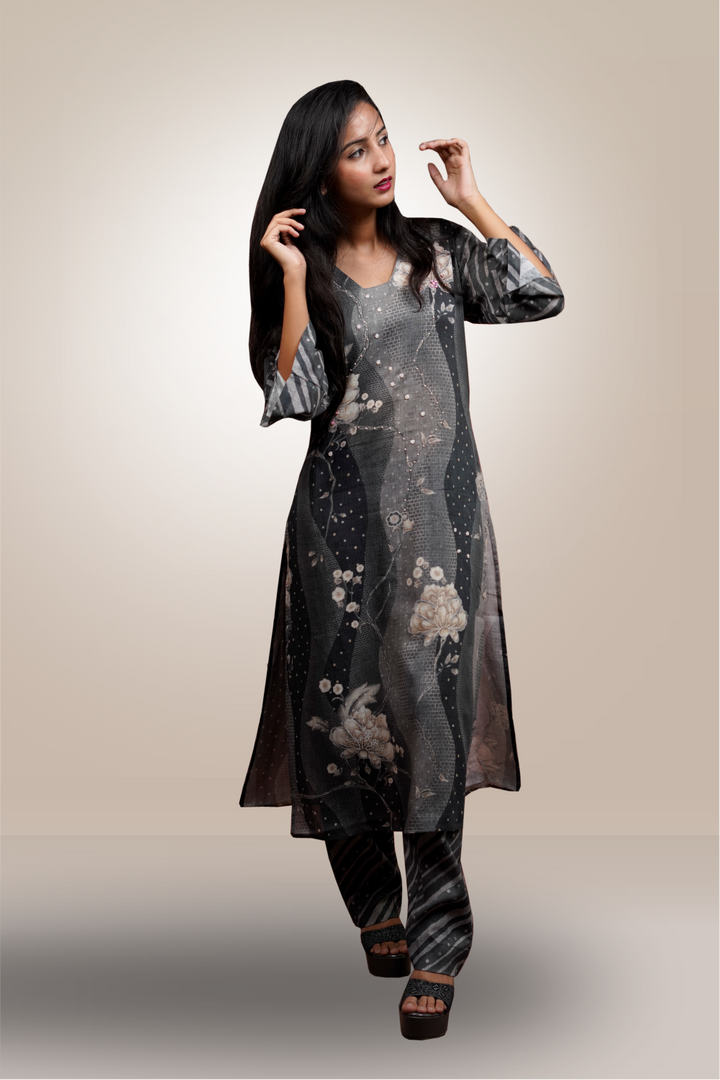 Grey Linen Cotton Floral Bead Worked Salwar Kameez