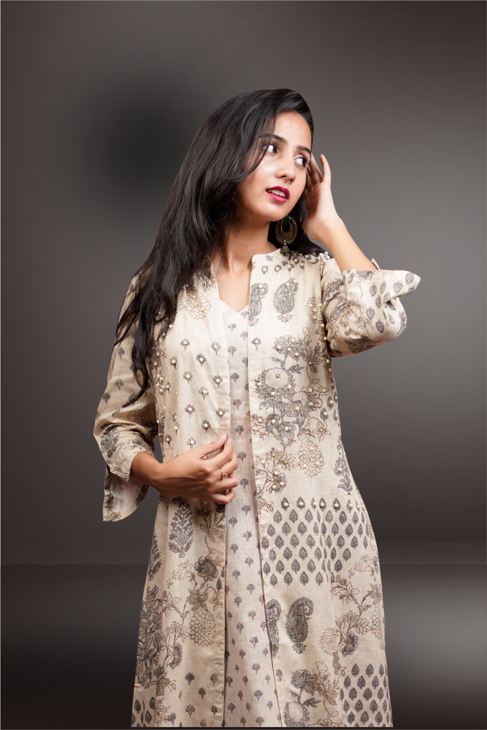 Linen Beige Color  Pearl Worked Printed  Kurtie