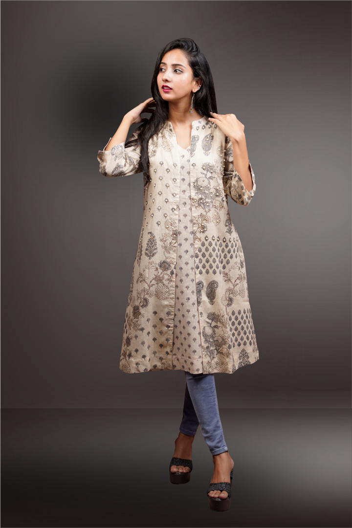 Linen Beige Color  Pearl Worked Printed  Kurtie