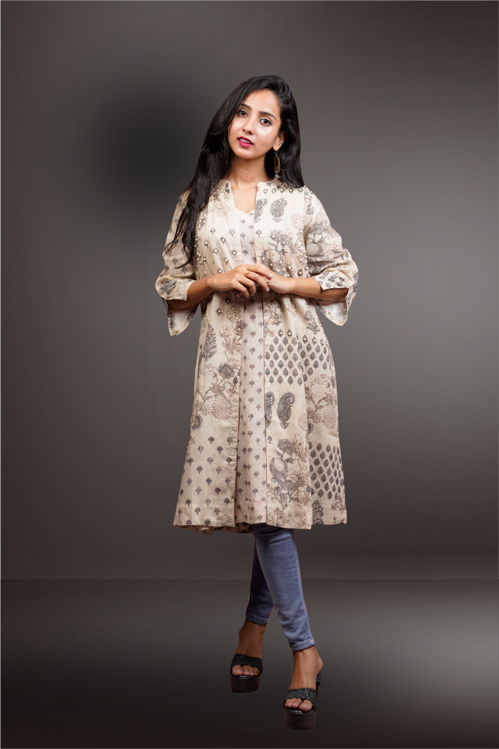 Linen Beige Color  Pearl Worked Printed  Kurtie