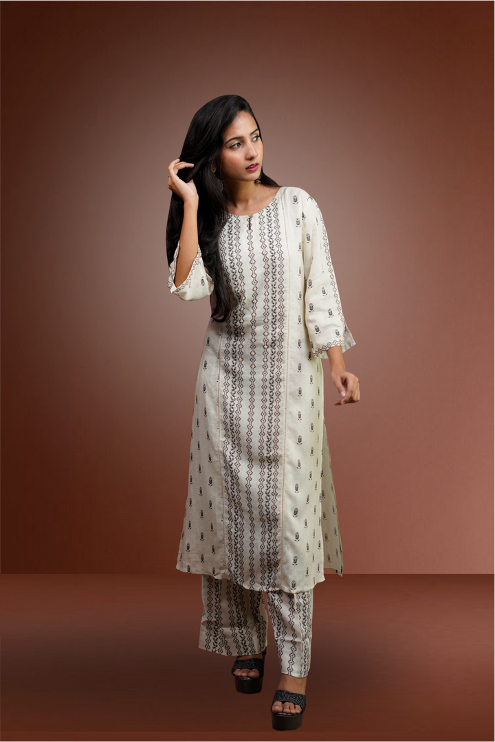 Linen White Block Printed Straight Cut Salwar Kameez