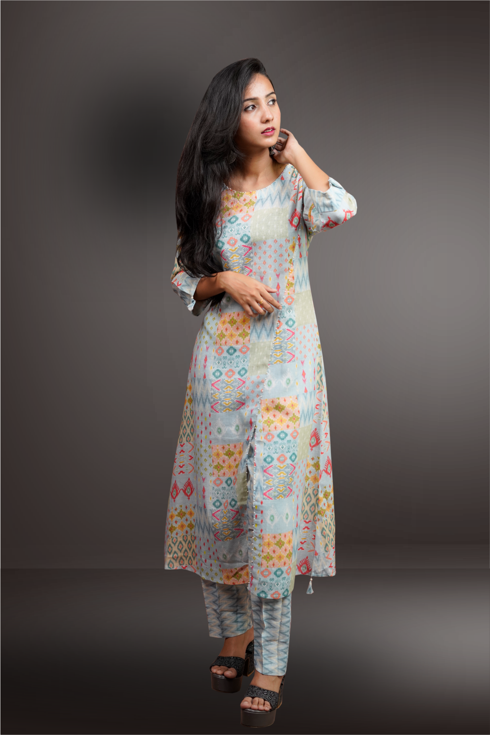 Light Sea Blue Color Multicolor Printed Salwar Kameez