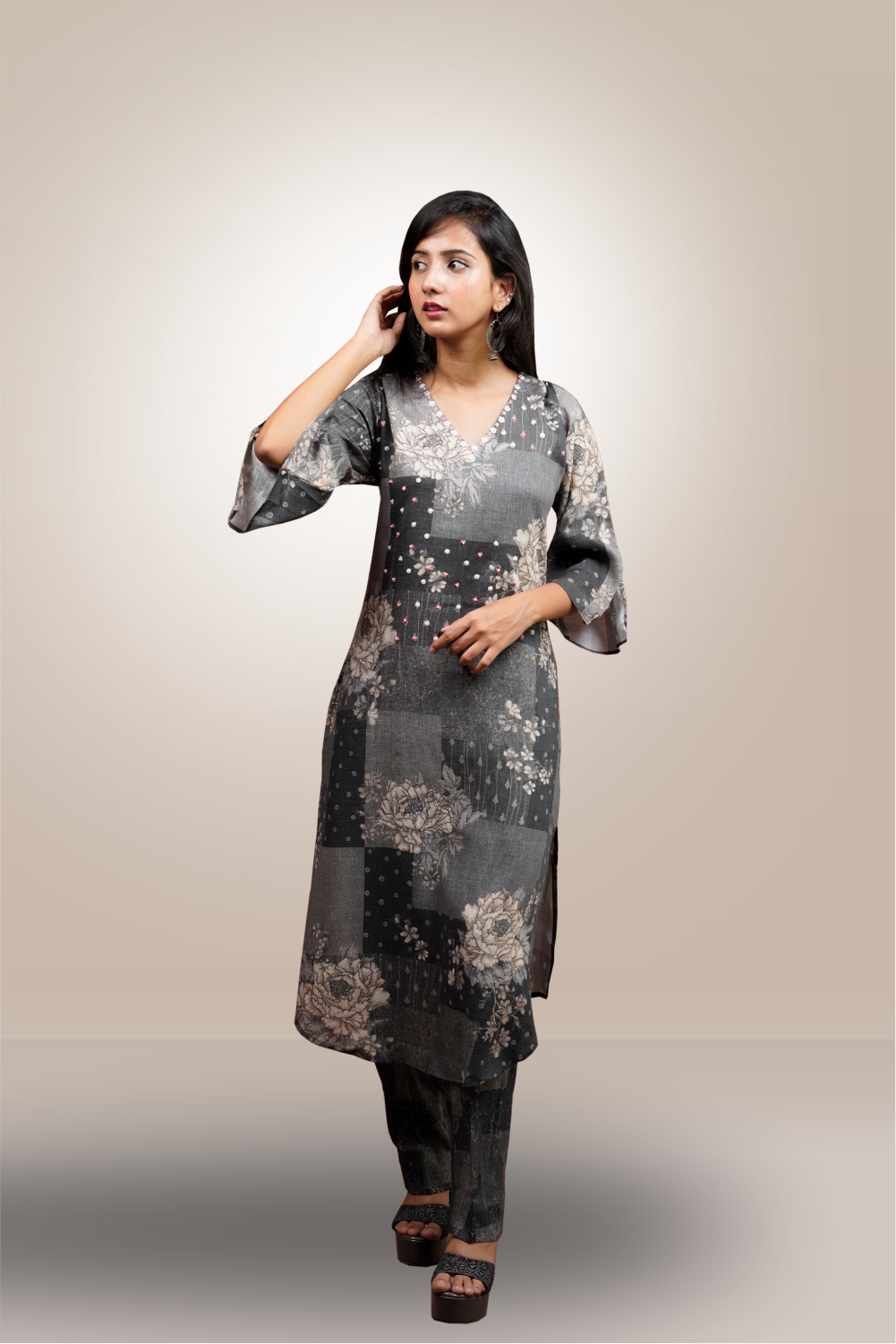 Grey Color Linen Cotton Beads Worked Salwar Kameez