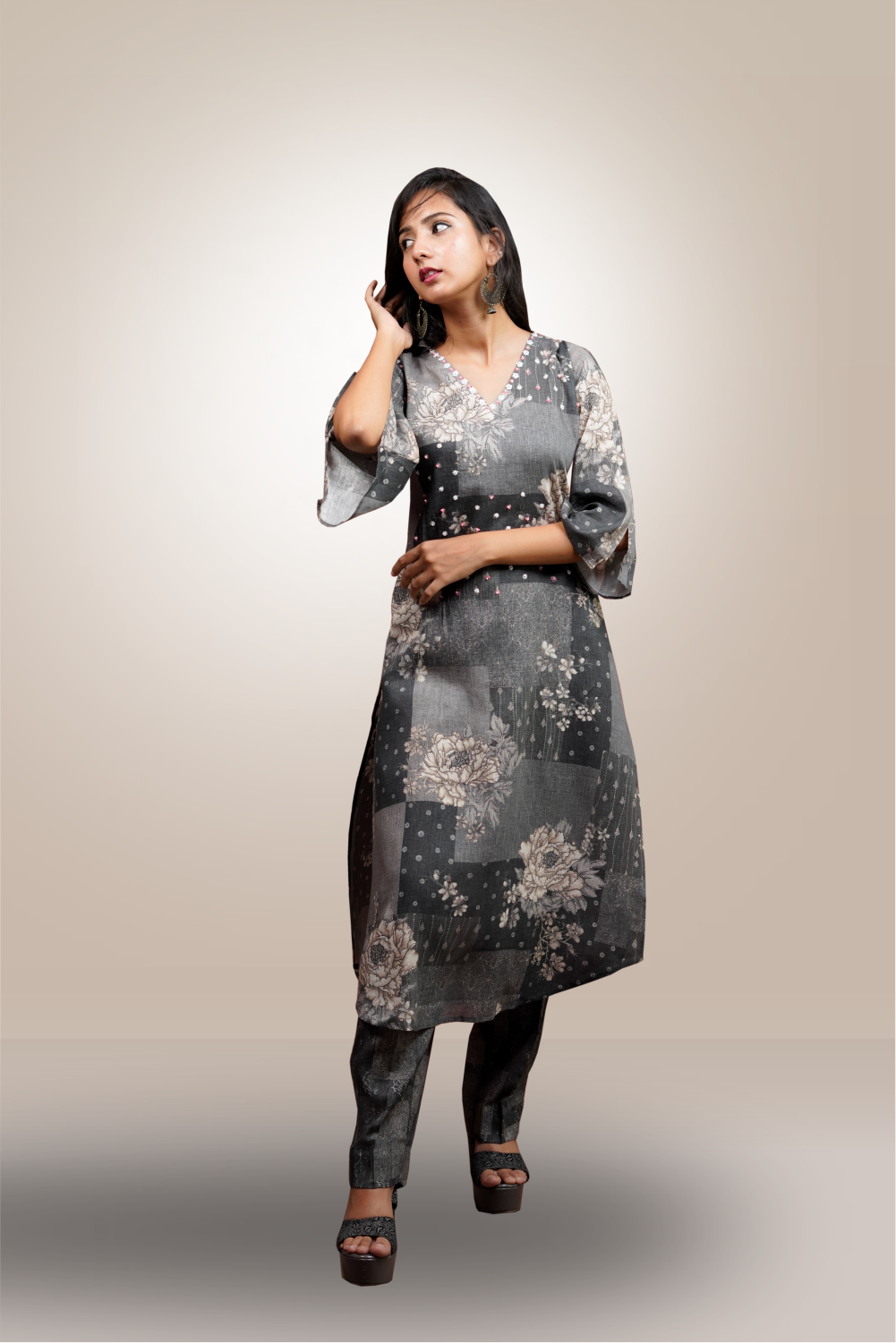 Grey Color Linen Cotton Beads Worked Salwar Kameez