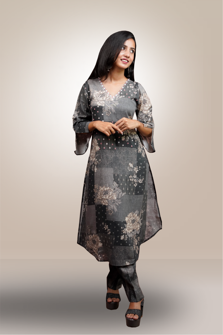 Grey Color Linen Cotton Beads Worked Salwar Kameez