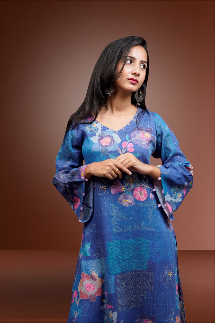 Blue Color Motif Linen Viscose Floral Printed Salwar Kameez