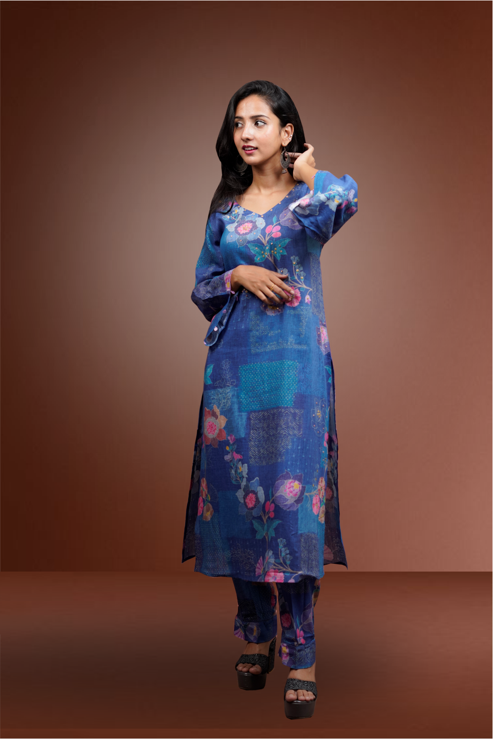 Blue Color Motif Linen Viscose Floral Printed Salwar Kameez