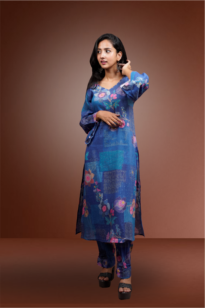 Blue Color Motif Linen Viscose Floral Printed Salwar Kameez