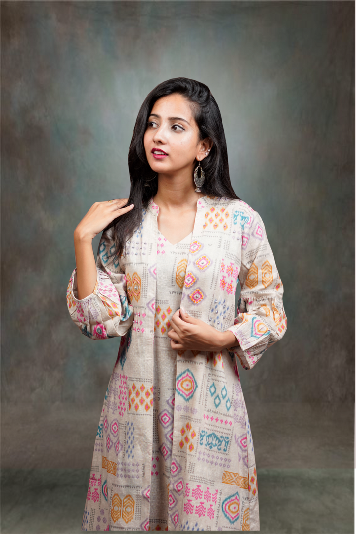 Linen Beige Pearl Worked Printed Kurtie