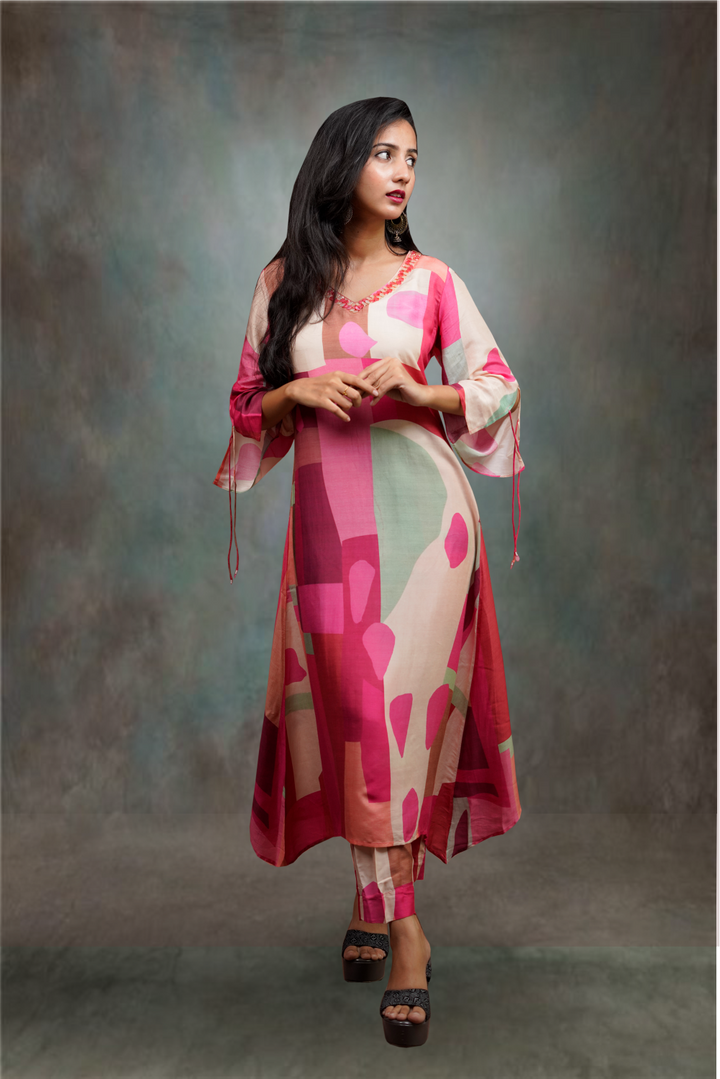 Hot Pink A-Line Cut Dupion Silk Geometrical Designed Salwar Kameez