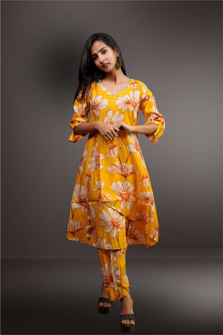 Mustard Color Crepe Base Bold Floral Printed Salwar Kameez