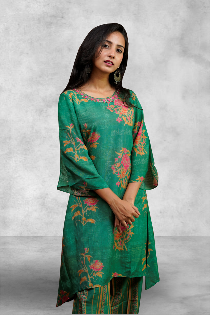 Green Color Chanderi Floral Printed Salwar Kameez