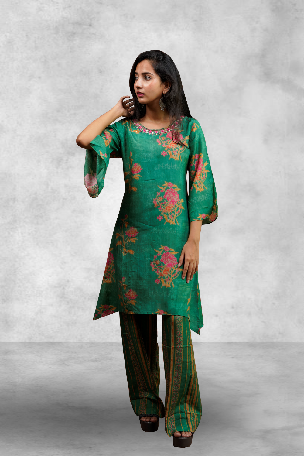 Green Color Chanderi Floral Printed Salwar Kameez