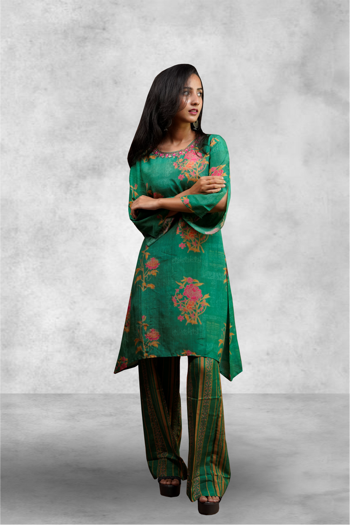 Green Color Chanderi Floral Printed Salwar Kameez