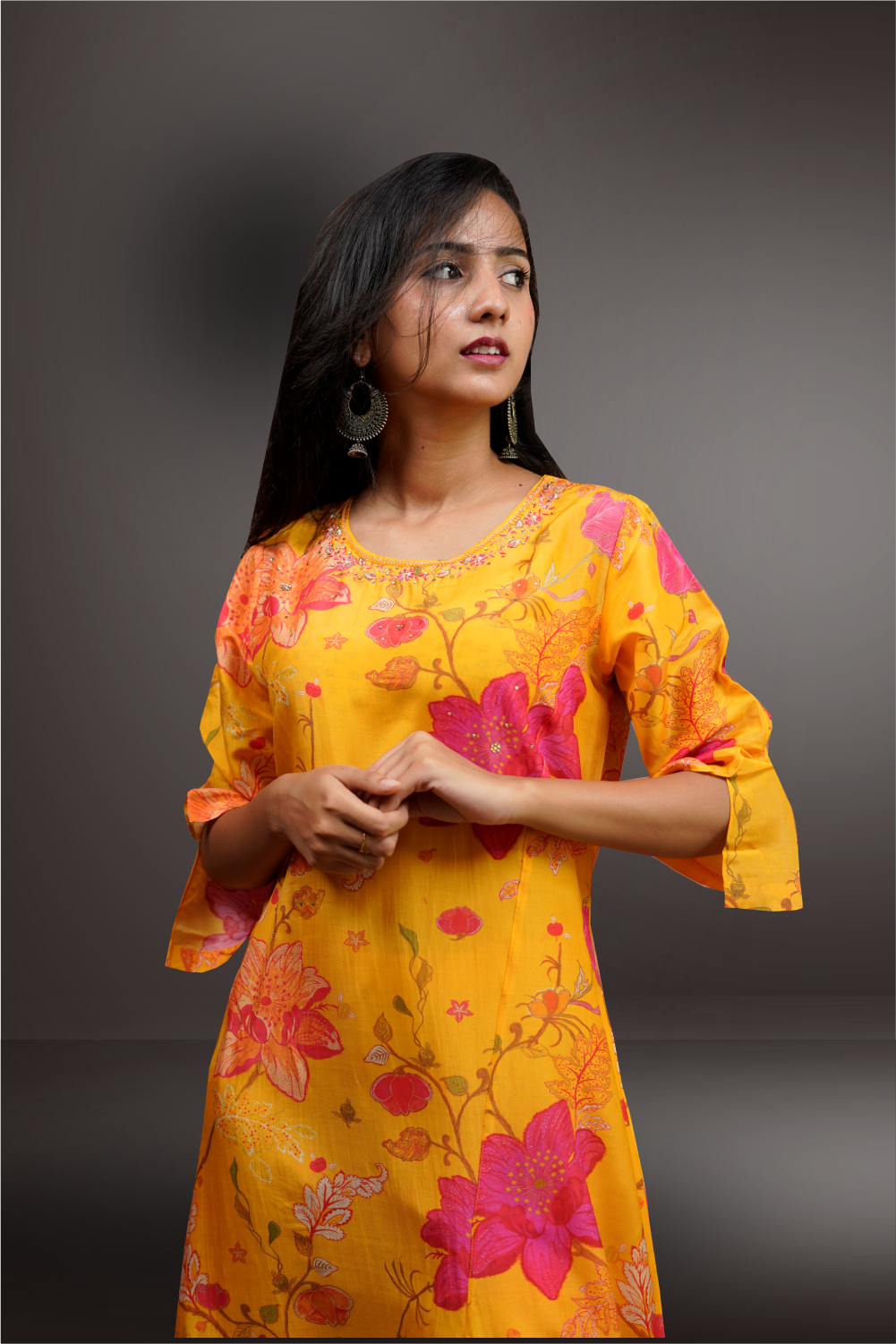 Yellow Color Crepe Based Floral Designed Salwar Kameez