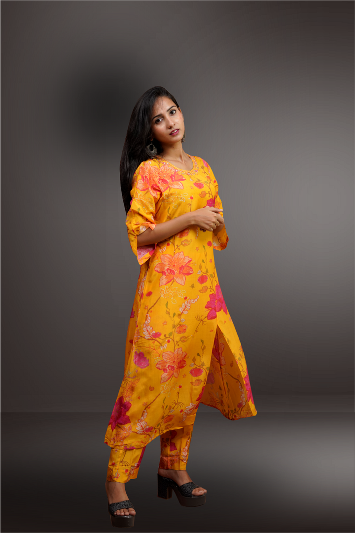 Yellow Color Crepe Based Floral Designed Salwar Kameez