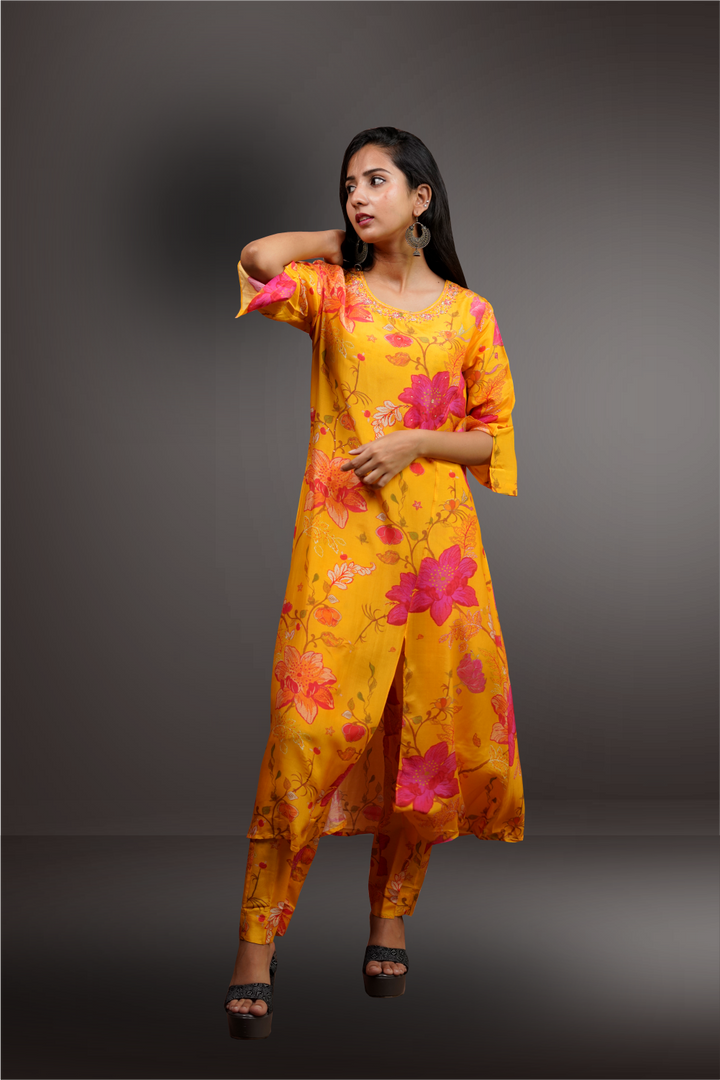 Yellow Color Crepe Based Floral Designed Salwar Kameez