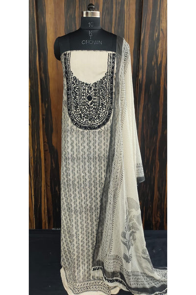Block Printed with Neck Embroidered Unstitched Dress Material