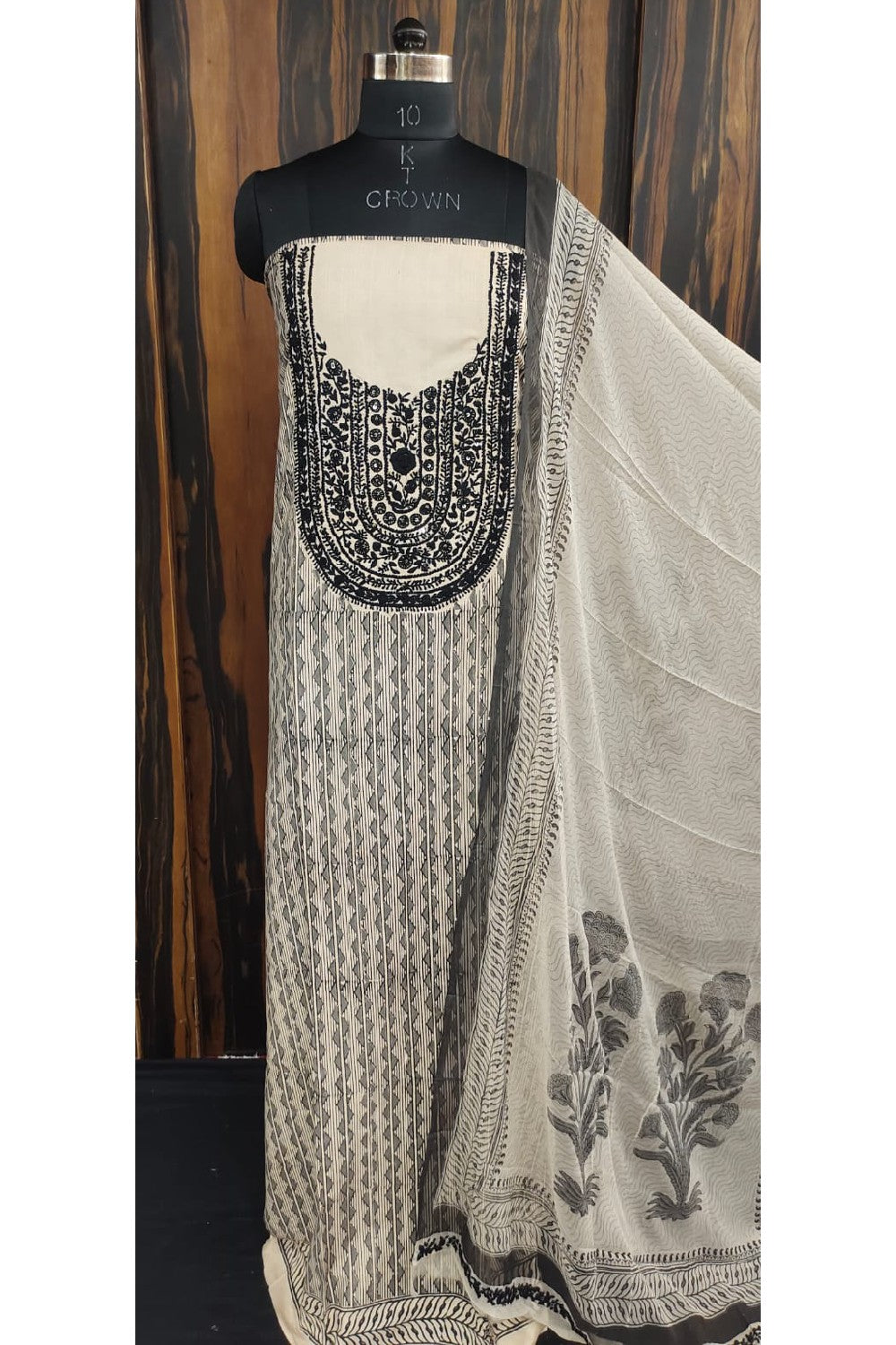Block Printed with Neck Embroidered Unstitched Dress Material