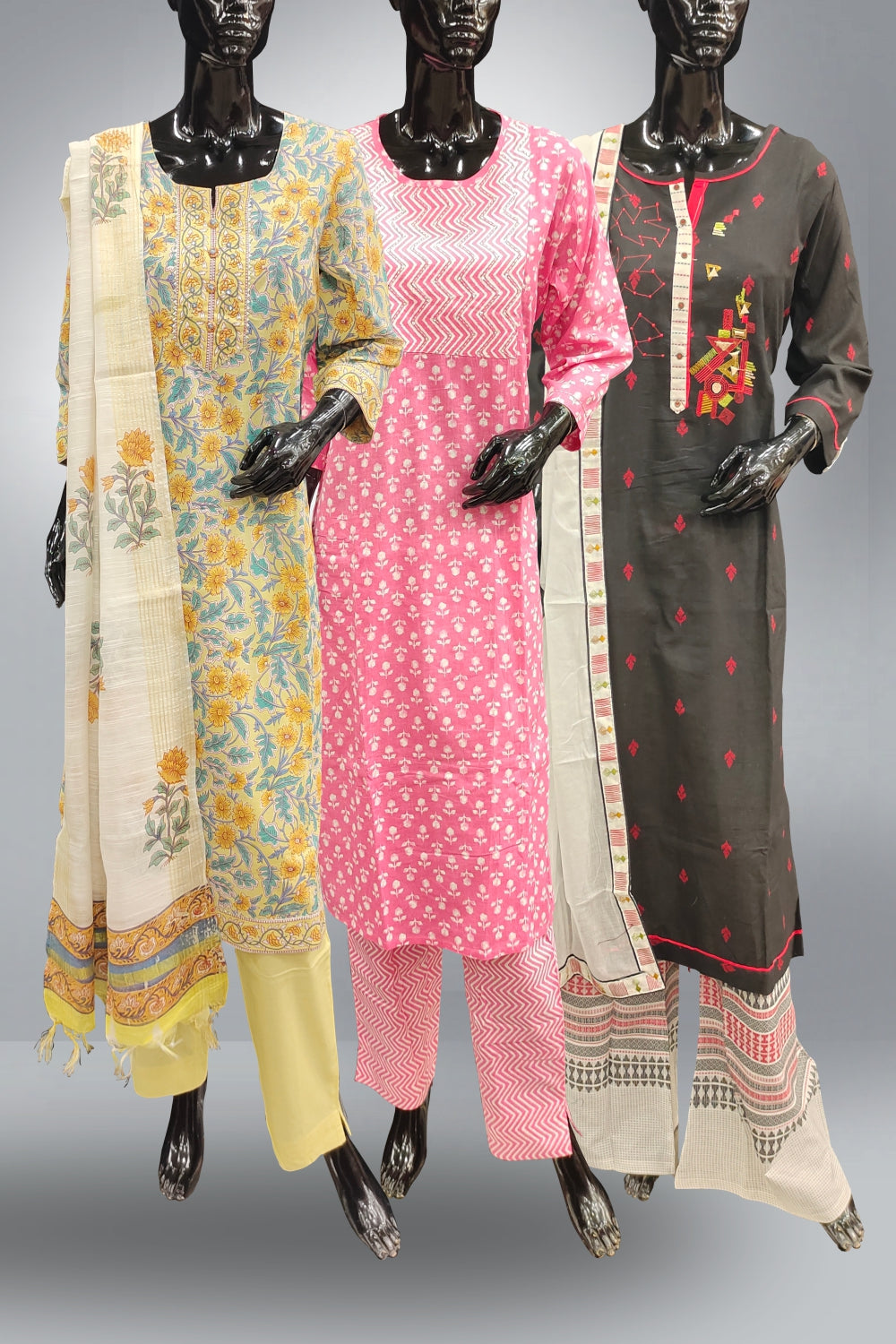 Combo of 3 Cotton Straight Cut Salwar Suits