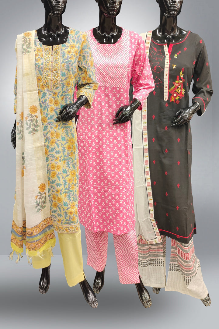 Combo of 3 Cotton Straight Cut Salwar Suits