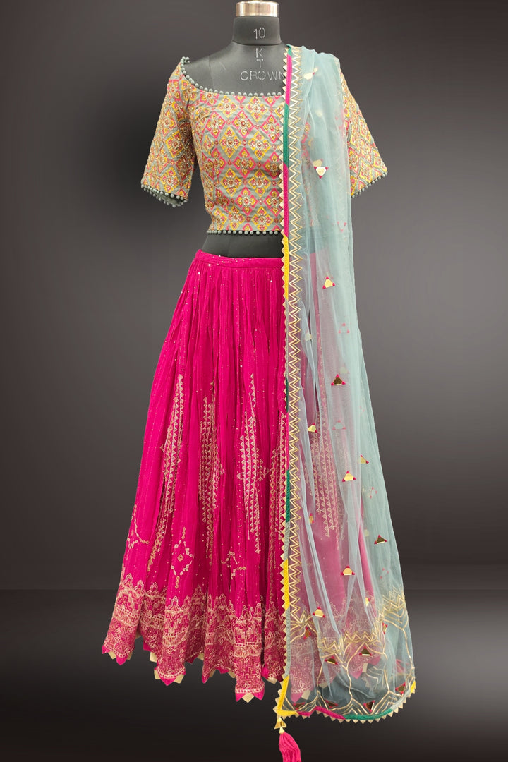 Wide Shoulder Neck Dark Pink and Gray Lehenga